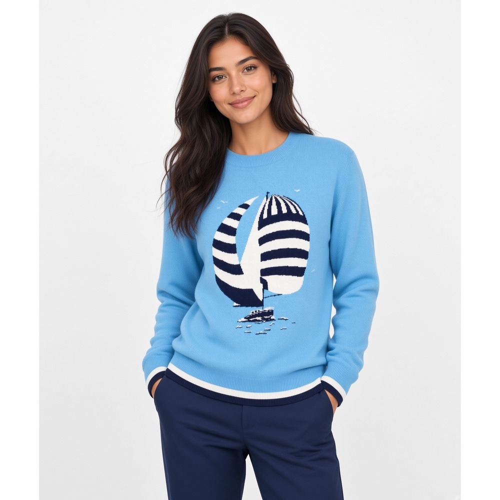 Vineyard Vines Sailboat Intarsia Sweater Keel Blue Sz S 100% Cashmere Crew Neck
